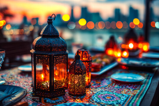 Elegant lanterns illuminating a festive outdoor dinner setting at sunset