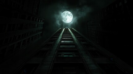 Tall Building Reaching Towards Full Moon Night