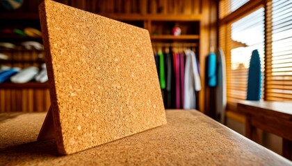 Cork board on a wooden table in a surf shop with clothing in the background and copy space for notes
