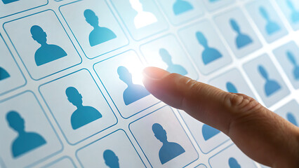 Finger selects a person icon from a grid of user profiles on a digital screen