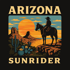 Arizona Cowboy And Desert Sunset Minimal Retro T-Shirt Artwork © Retropix