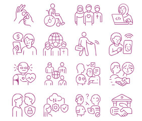 A collection of 16 monochrome vector icons representing inclusive artificial intelligence and ethical technology. These icons depict themes such as accessibility, cultural diversity, ethical data use