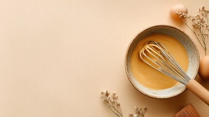Beige bowl with whisk and eggs