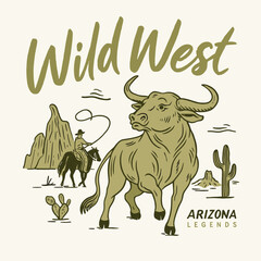 Wild west bull and desert scene vintage cowboy t-shirt design