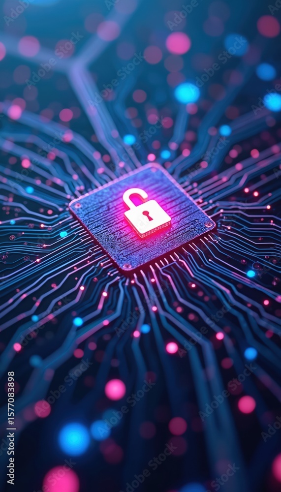 Fototapete Square with pink glow floating in blue dotted lines background. White letter P in center focuses attention. Secure digital communication technology concept.