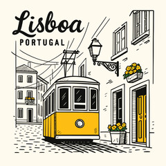Lisboa portugal city tram and street view retro t-shirt print