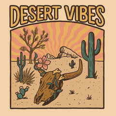 Desert vibes boho skull and cactus sunset t-shirt illustration © Retropix