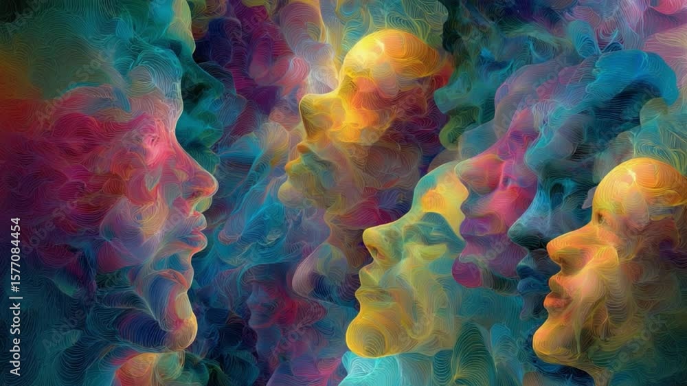 Poster abstract representation of diverse human faces created with colorful swirls of light and emotion