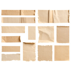 Beige Paper Pieces on White Torn Edges Ripped Texture Craft Elements on transparent background