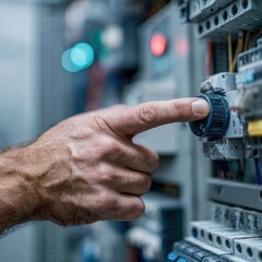 Hand adjusting control knob on electrical equipment in a modern industrial setting during daytime