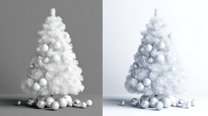 Two variations of a white Christmas tree with ornaments