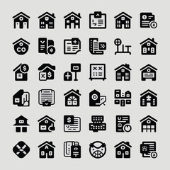 Thirty Six Black Glyph Icons Depicting Houses Buildings Real Estate Documents and Miscellaneous Symbols on Light Gray Background