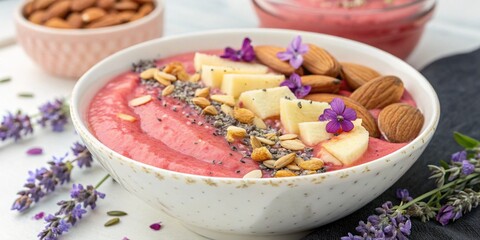 Pink Smoothie Bowl Topped with Nuts and Lavender Flowers