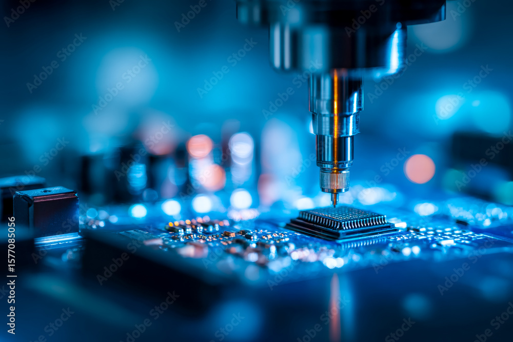 Poster precision robotic arm assembling a microchip on a circuit board in a high-tech manufacturing environ