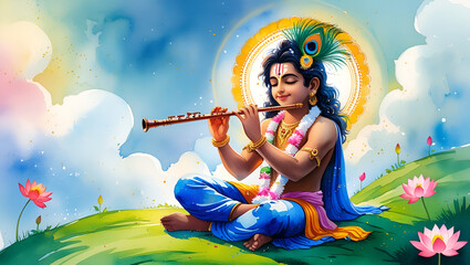 Creative Paper Style Illustration of Lord Krishna Playing Flute on White Traditional Indian Background – Janmashtami Festival Celebration Concept Design