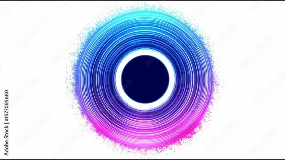 Poster vibrant glowing neon biometric circle in blue and pink with spinning radial lines and light particle