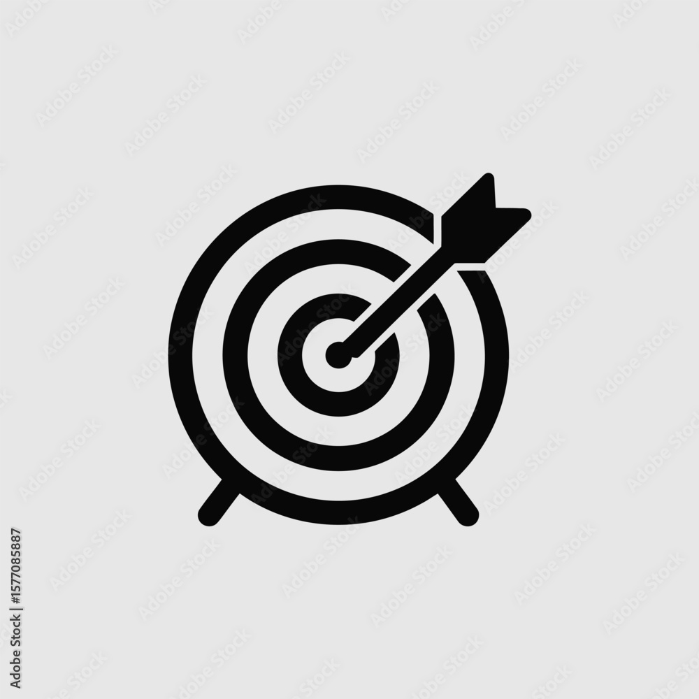 Poster black and white target with arrow icon centered on light gray background simple graphic design eleme