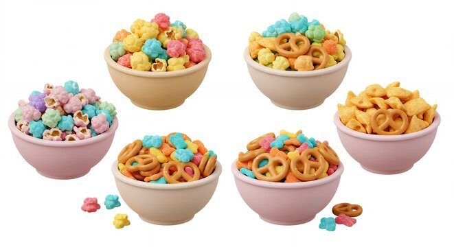 Assorted colorful cereal and snacks in bowls