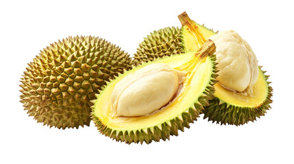 Naklejka premium Two whole durians and one durian cut open displaying the creamy yellow flesh and seeds inside.