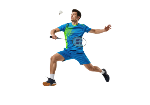Male Badminton Player Hitting Shuttlecock, Dynamic Sport Action, isolated on transparent background