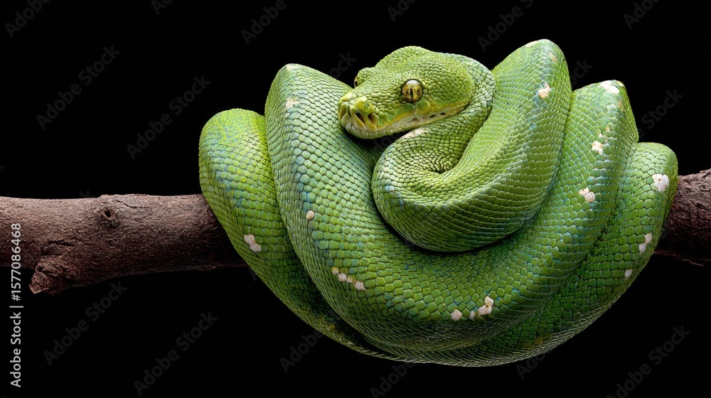 Poster bright green tree python resting on branch in black background highlighting vivid colors and intrica