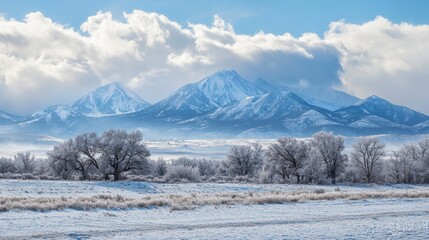 Snowy mountain range with frost covered trees and plains under a partly cloudy sky.