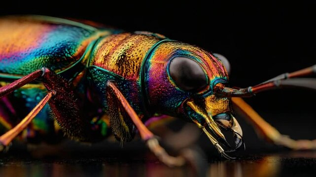 Close-Up of Vibrant Insect with Iridescent Colors Displaying Detailed Features and Eye Structure