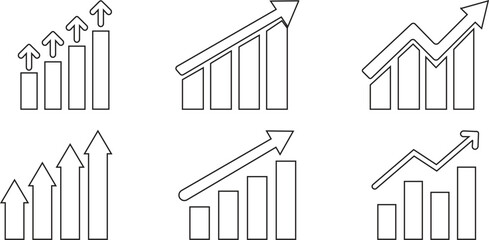 Growing Graph line art icon set.A dynamic illustration featuring a rising chart with arrow, business bar sign, and progress bar symbol, representing success and profit growth. Ideal for apps, website.