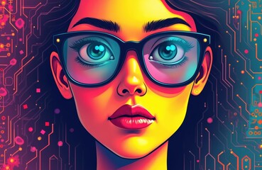 Woman with blue eyes, curly hair, wearing pink glasses. Vibrant colors, detailed expression. Rich background tapestry of pink, purple hues, white dots. Warm glow, inviting atmosphere. Digital art