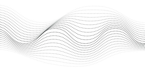 Wave abstract pattern. Flow of black curved dotted line vector illustration isolated on white background. Dynamic shiny swirl backdrop. Digital, technology, ai, music, modern design element.