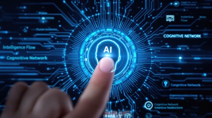 Fototapeta premium Finger Touching AI Interface: Futuristic Cognitive Network Concept