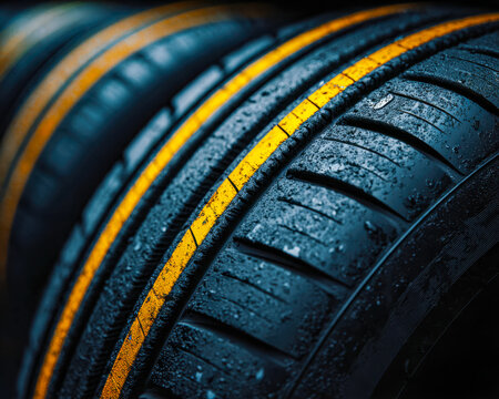 Close-up of wet car tires with yellow safety markings