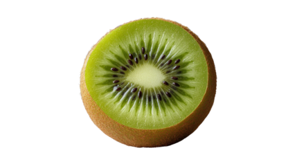 A close-up of a halved kiwi fruit showcasing its vibrant green flesh, small black seeds, and fuzzy brown skin.