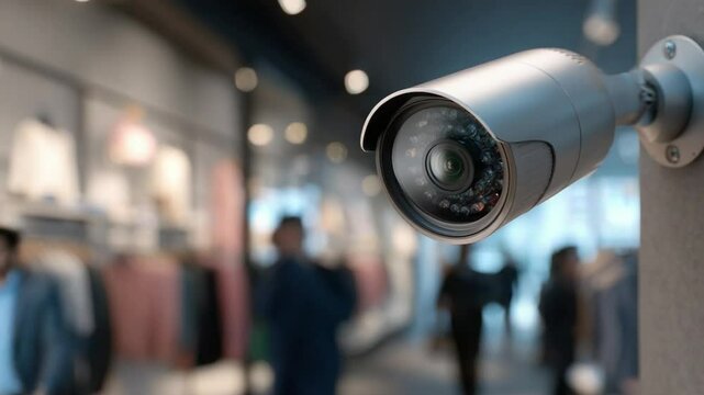 Security Camera Mounted in Modern Retail Store Ensuring Safety and Surveillance for Shoppers and Employees