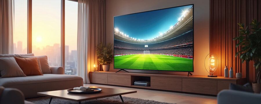 Cozy living room with modern flat-screen TV showing soccer game. Green soccer field, goal in background. Gray sofa, armchairs, rug. Large window, wooden walls, floor. Natural light, rustic ambiance.
