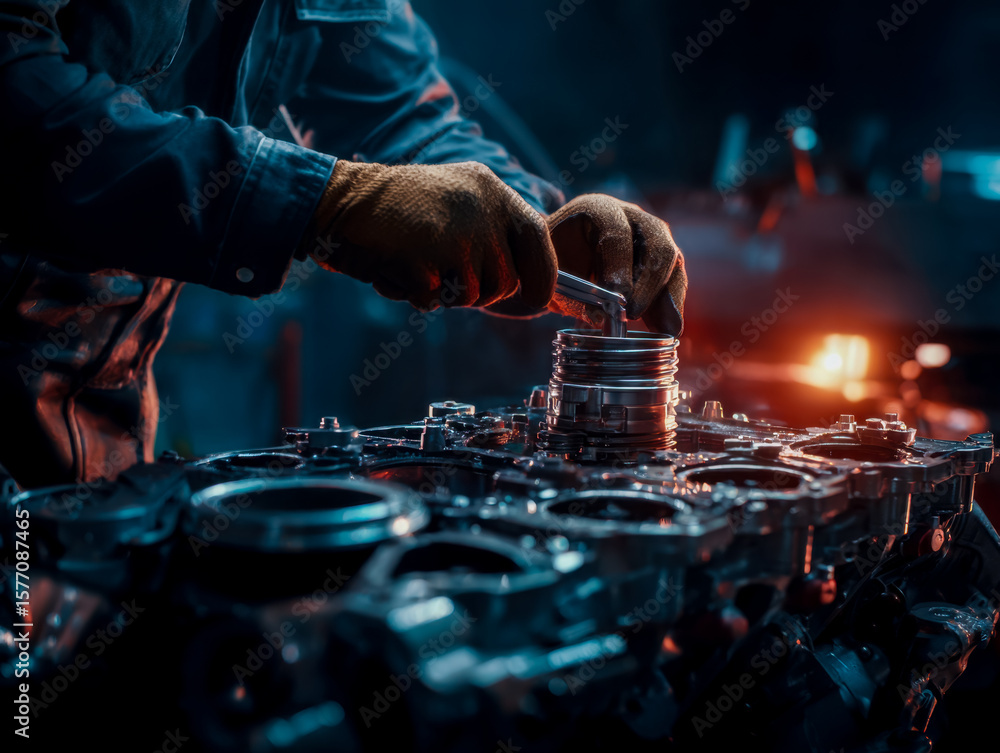 Poster mechanic assembling engine components in a dimly lit workshop