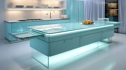 All-glass luxury kitchen concept with frosted cabinetry, steel countertops and minimal floating island in light cyan theme,