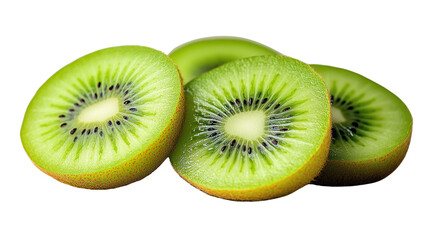 Fototapeta premium Three slices of fresh kiwi fruit showing vibrant green flesh and black seeds arranged in a row.