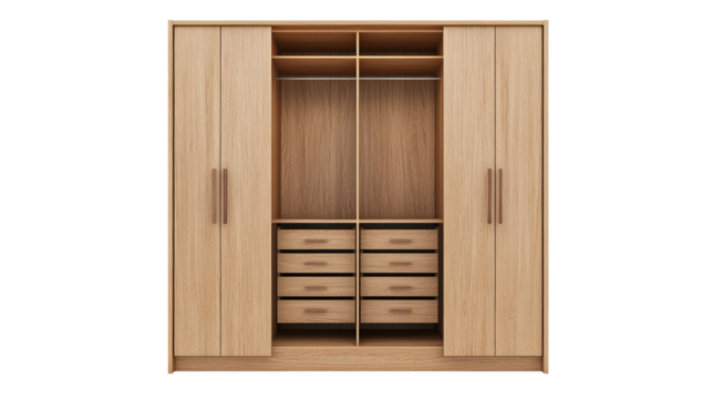 A wooden wardrobe with multiple doors, shelves, and drawers designed for organized clothing storage.