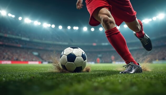 Football player kicks soccer ball. Close-up of athlete in motion. Powerful kick, right foot contacts ball, sending airborne. Player body angled, left leg extended. Green grass field, brown dirt