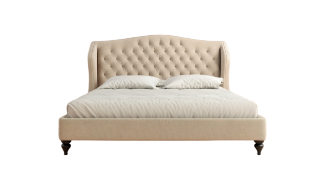 A beige upholstered bed with a tufted headboard and two pillows on a neatly made mattress.