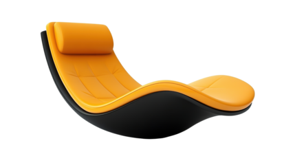 A sleek, modern lounge chair featuring a curved black frame and bright orange cushioned seating with an integrated headrest.