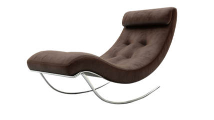 Modern brown upholstered rocking chair with a sleek curved metal frame and cushioned seat and backrest featuring button tufting.