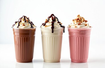 Three milkshake cups with different toppings on gray surface. Chocolate milkshake with whipped cream, chocolate drizzle, strawberry milkshake with whipped cream. Vanilla milkshake with caramel