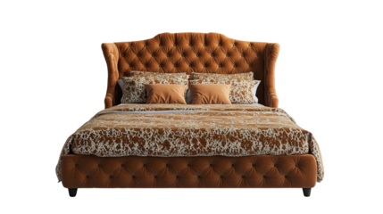 Luxurious tufted velvet bed with a high, curved headboard, adorned with patterned bedding and multiple pillows in warm brown and beige tones.