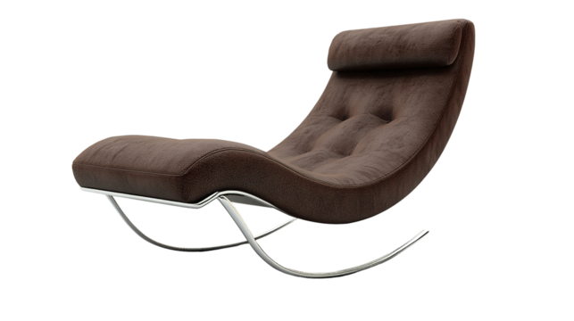 Modern brown upholstered rocking chair with a sleek curved metal frame and cushioned seat and backrest featuring button tufting.