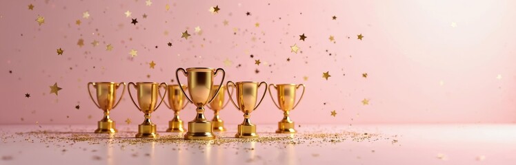 Golden winner trophies with sparkles on pink background. Five champion cups arranged in a row. Flat lay style with copy space. Perfect for motivational, celebration, success concepts.