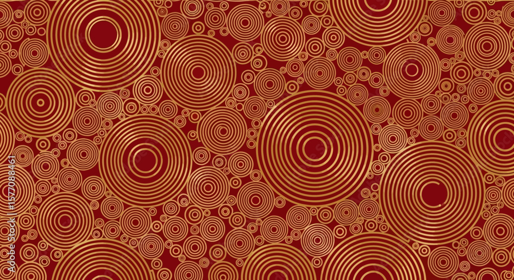 Poster golden circular rings on red background abstract art design with concentric circles