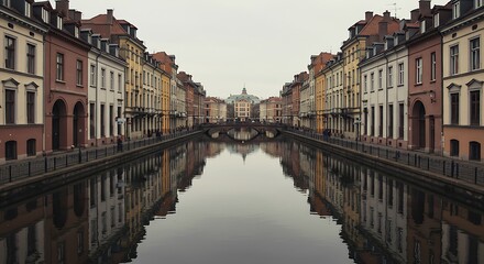Naklejka premium A serene canal in Copenhagen reflects the charming, colorful buildings lining its banks under a soft, overcast sky, leading to a distant bridge and classic architecture.