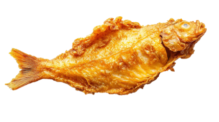 A whole fried fish with a crispy golden-brown exterior and visible textured skin.